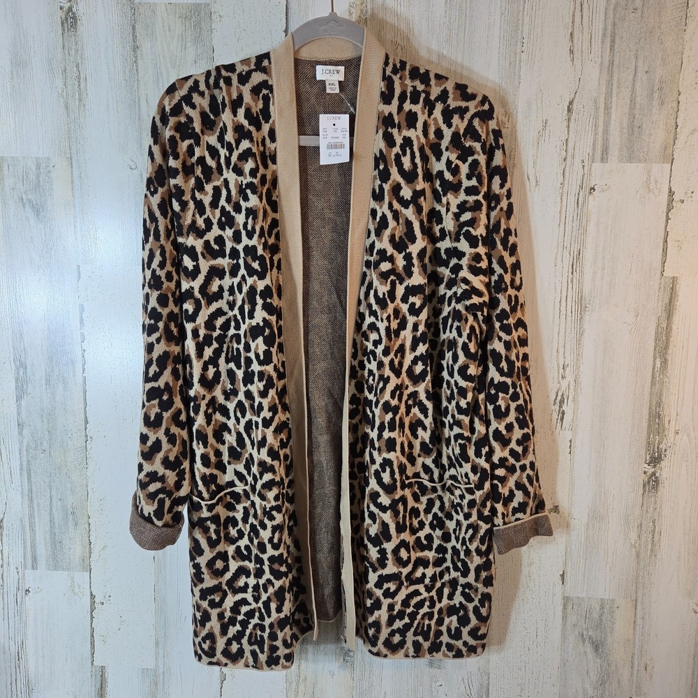J. Crew Womens xxl Leopard Animal Print Open Front Cardigan Knit Sweater Pockets